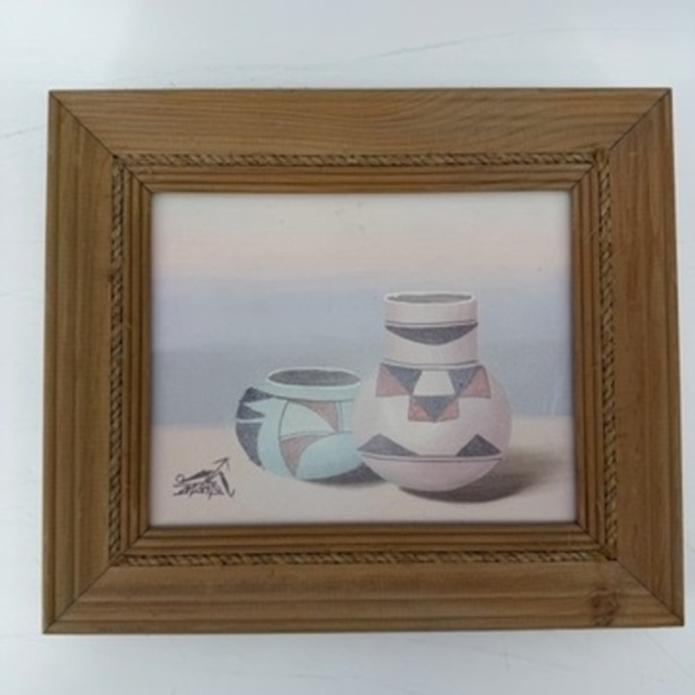 Myung Mario Jung Signed Southwestern Sand Art Pottery Painting Rustic Wood Frame